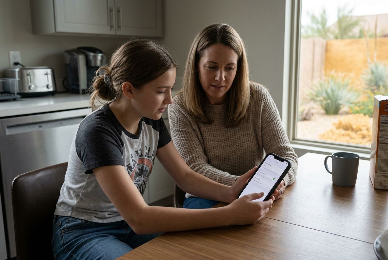 A parent and teenager reviewing safety settings on a phone at their kitchen table