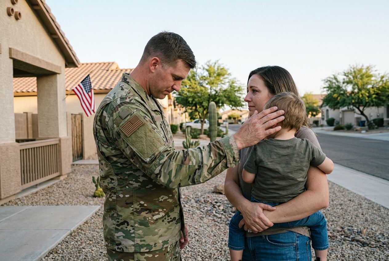 A service member saying goodbye to his spouse and young child outside their Arizona home