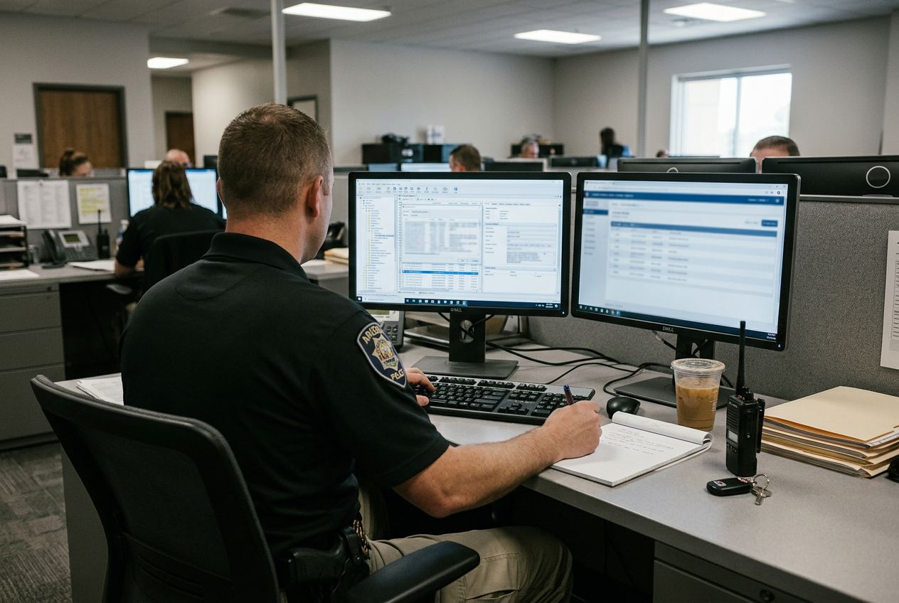 A police investigator reviewing digital evidence at a workstation
