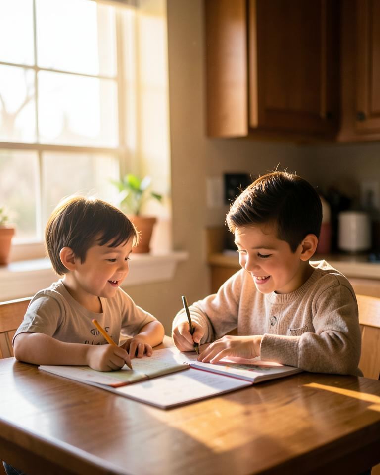 Two children doing homework together at a sunny kitchen table